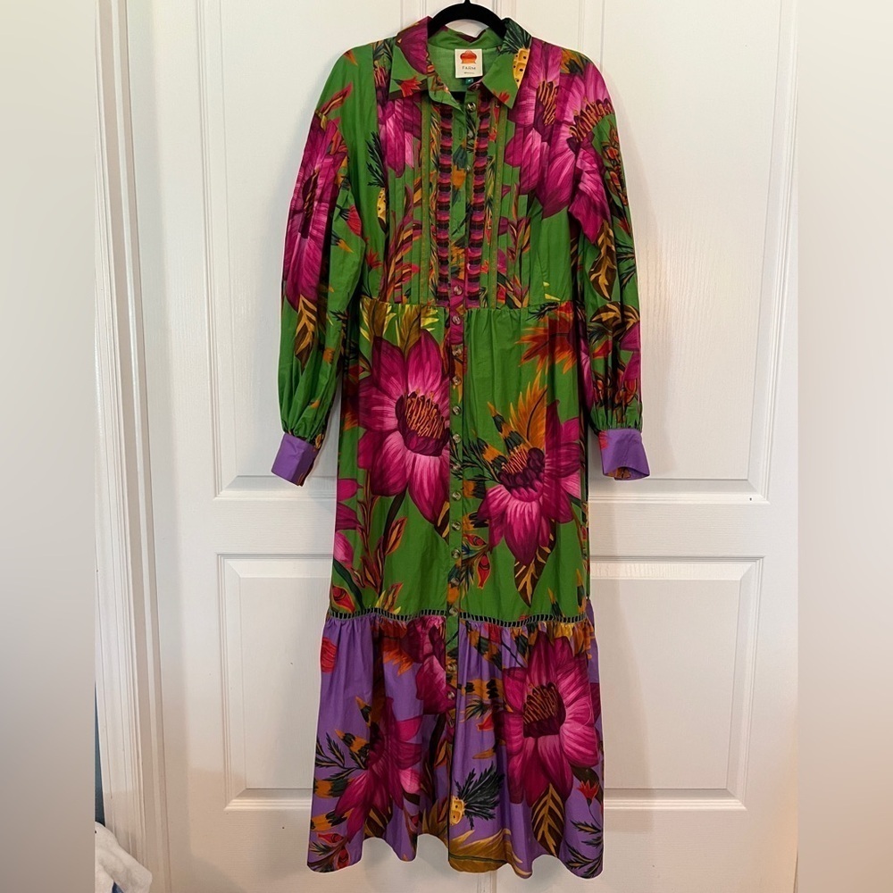FARM RIO M Flowers Balloon Sleeve Maxi ShirtDress - Picture 2 of 16